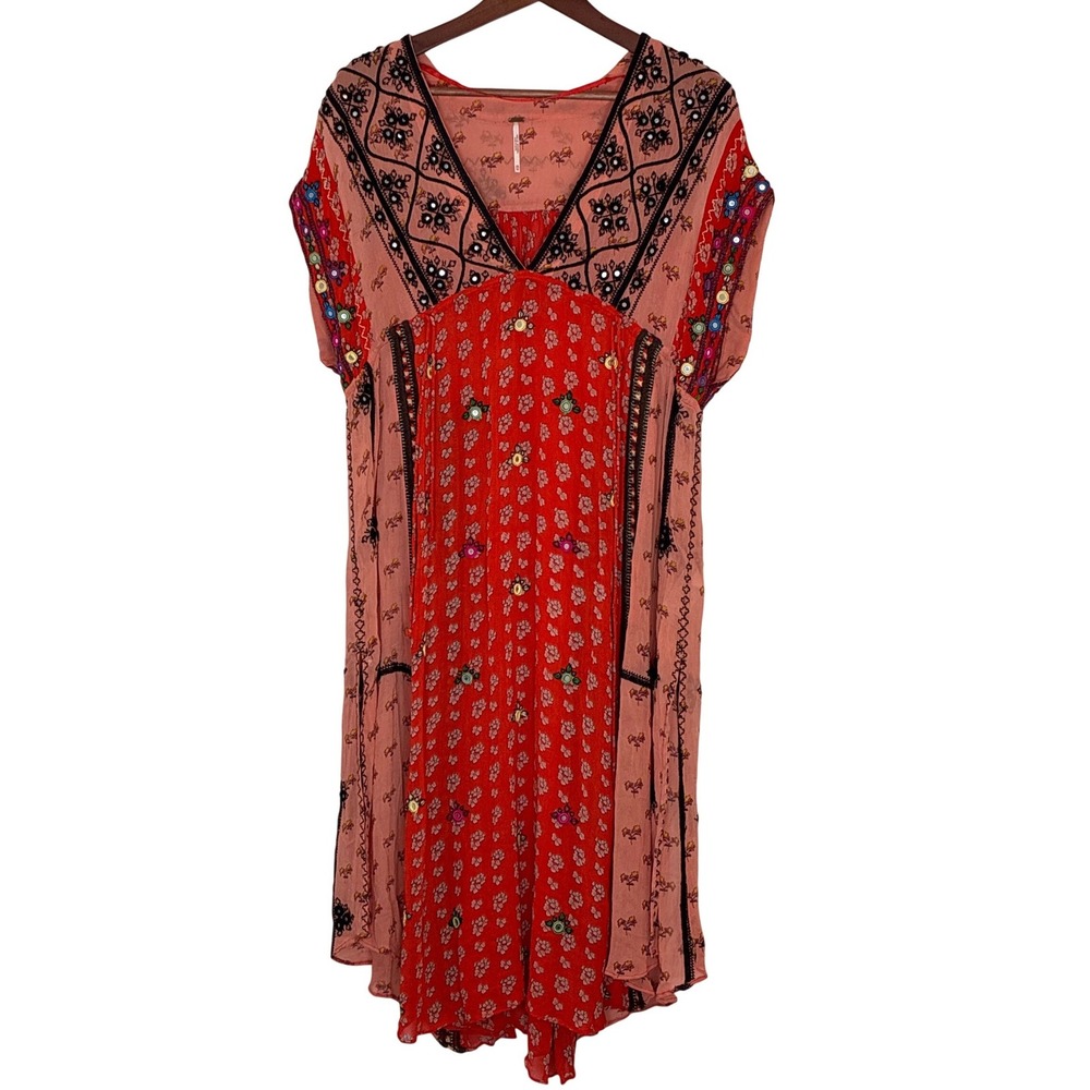 Free People Maxi Top Dress Smiling Sun CoverUp Floral Red Festival Beach Boho XS
